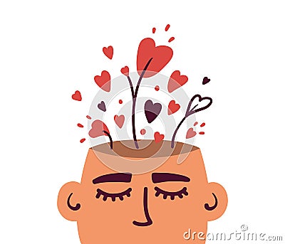Growing love, mental health or psychology concept with human head and heart shapes inside Vector Illustration