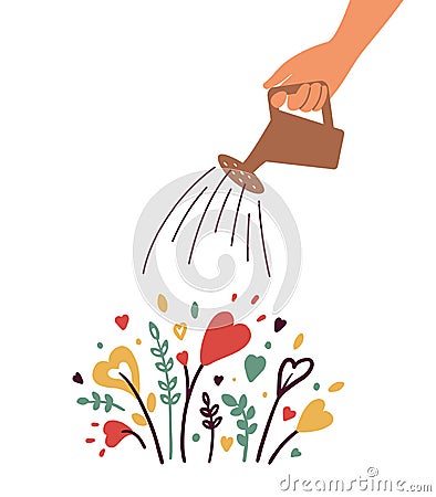 Growing love vector illustration with human hand with watering can irrigates heart shapes flowers Vector Illustration