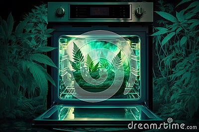 Growing marijuana cannabis leafs in open kitchen oven. Neural network AI generated Stock Photo