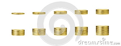 growing money graph on 1 to 10 rows of gold coin and pile of golden coins stack isolated on white background with clip path. Stock Photo