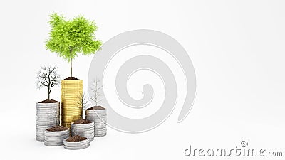 Growing Money, Green tree on coins and dried trees , Finance And Investment Concept isolated on white 3d render Cartoon Illustration