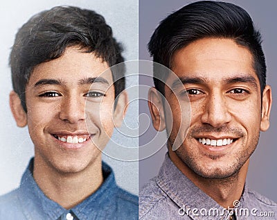 Growing more confident every year. A then and now image of a young boy and his adult self. Stock Photo