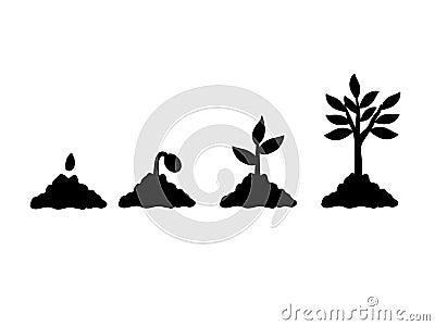 Growing plant seeding sprout plant and tree black silhouette Vector Illustration