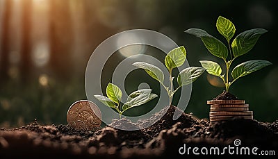 Growing plants on coins stacked on green blurred backgrounds and natural light with financial ideas. Generative ai Stock Photo