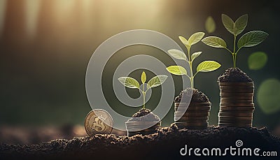 Growing plants on coins stacked on green blurred backgrounds and natural light with financial ideas. Generative ai Stock Photo