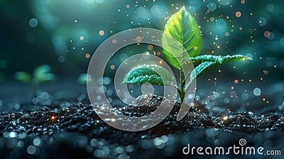 Growing plants in a digital futuristic style. Young plants break through the ground, illustrating strength and Cartoon Illustration