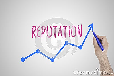 Growing reputation concept on white board. Businessman draw accelerating line of improving reputation against whiteboard. Stock Photo