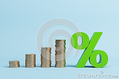 Growing stacked golden coins and green interest rates on blue background. Financial business concept, banking and investment with Stock Photo