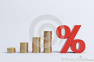 Growing stacked golden coins and red interest rates on white background. Financial business concept, banking and investment with Stock Photo