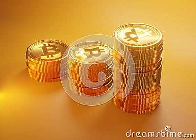 Growing stacks of shining bitcoin on orange background, 3d rendering. the concept of the accumulation of cryptocurrencies and the Stock Photo