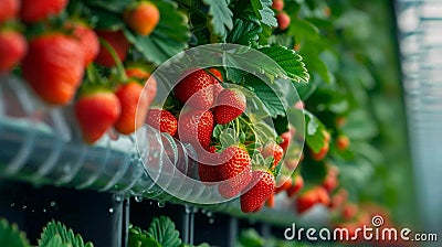 Growing strawberries vertically and hidroponic vertical farm. Generative AI Stock Photo