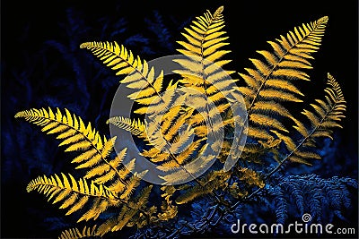 Growing yellow ferns closeup with dark blue forest in background Stock Photo