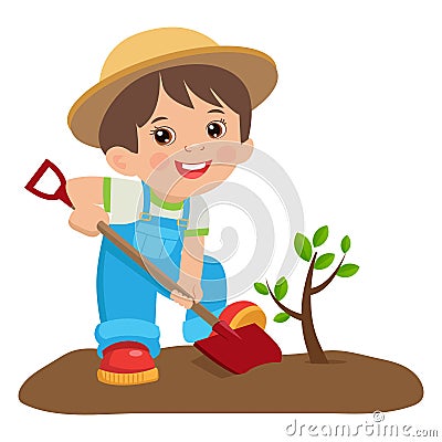 Growing Young Gardener. Cute Cartoon Boy With Shovel. Young Farmer Planting A Tree. Vector Illustration