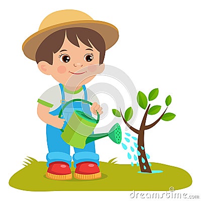 Growing Young Gardener. Cute Cartoon Boy With Watering Can. Young Farmer Working In The Garden. Vector Illustration