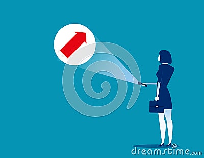 Growth. Businesswoman holding flashlight uncovering hidden arrow sign. Concept business vector illustration Vector Illustration