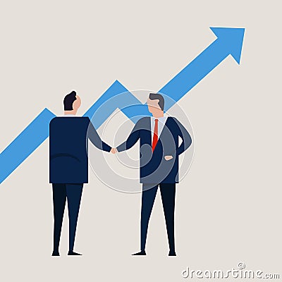 Growth chart going up. increase value investment. Business people agreement standing handshake wearing suite formal Vector Illustration