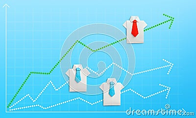 Growth charts with up arrows and businessmen in shirts with ties on blue background Stock Photo