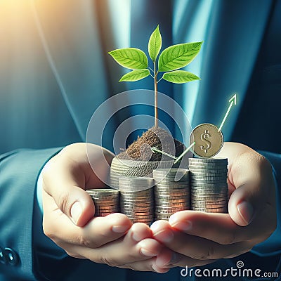 Growth Concept with Coins and Plant Stock Photo