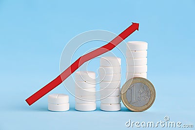 Growth graph made of stacked white pills and one euro coin Stock Photo