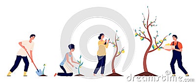 Growth money. Business investment revenue, prosperity financial fund. People seed coins and put rich tree. Young Vector Illustration