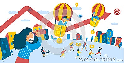 Growth of People Investment for Divident Profit. City Scene Group of People Opportunity Raise Money Investing Concept Vector Illustration