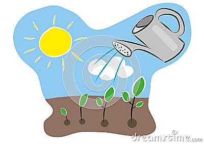 Growth of plant timeline with water can, soil, sun, sky and clouds. Artistic hand drawn illustration. Vector Illustration