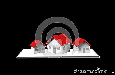 Growth real estate online concept. Group of house on mobile phone. 3D Illustration Stock Photo