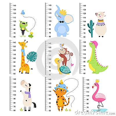 Growth Rulers with Cute Animal at Kids Height Meter Vector Set Vector Illustration