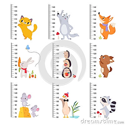 Growth Rulers with Cute Animal at Kids Height Meter Vector Set Vector Illustration