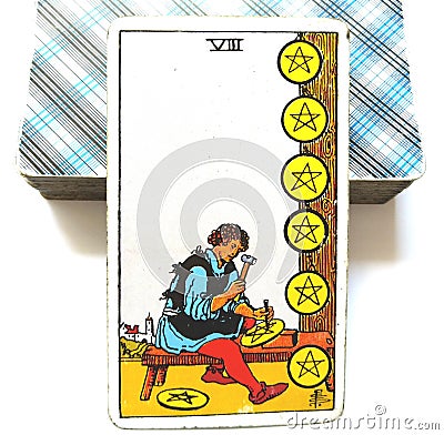 8 Eight of Pentacles Tarot Card Growth Study Learning Scholarships Mentors Teamwork Apprentice Material Growth Stock Photo