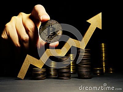 Growth up of Bitcoin btc price. Arrow and coin. Crypto trading Stock Photo