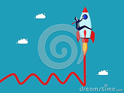 Growth in volatile conditions. Optimization for growth. Businessman riding a rocket overcoming graph uncertainty Vector Illustration