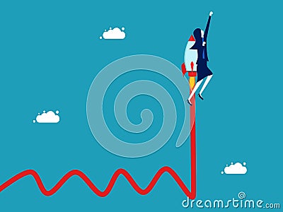 Growth in volatile conditions. Optimization for growth. Businesswoman flying with rocket overcoming crisis Vector Illustration