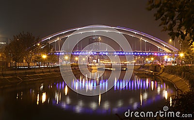 Travel to Romania: Grozavesti Night River Bridge Stock Photo