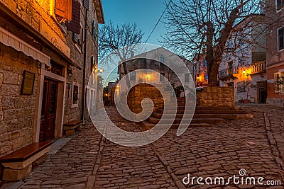 Groznjan Street at blue Winter Hour Editorial Stock Photo