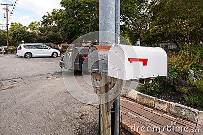 Mailboxes on street in historic town of Gruene in Texas. USA Editorial Stock Photo