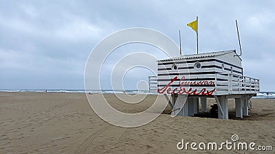 Lifeguard rescue french station on sand beach wooden hut in coast guard of Gruissan Editorial Stock Photo