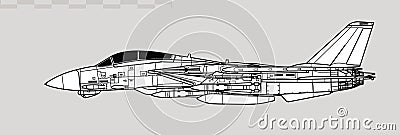 Grumman F-14 Tomcat with AIM-54 Phoenix missiles. Vector drawing of navy supersonic fighter. Vector Illustration