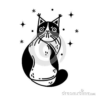 Grumpy black and white cat vector icon. Irritated spotted kitten sits and gets angry. Sad pet, domestic animal. Simple Vector Illustration