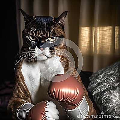 Grumpy cat boxer with glowes on his paws Stock Photo