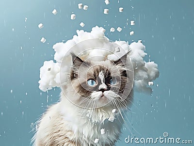 A grumpy cat dressed as a grumpy cloud rains down tiny marshmallows small Stock Photo