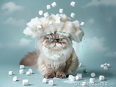 A grumpy cat dressed as a grumpy cloud rains down tiny marshmallows small Stock Photo