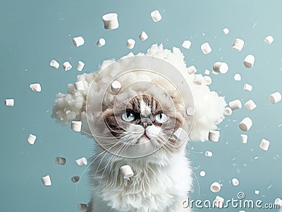 A grumpy cat dressed as a grumpy cloud rains down tiny marshmallows small Stock Photo