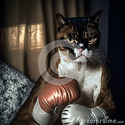Phonotelist portrait of a boxer cat wearing boxing gloves Stock Photo