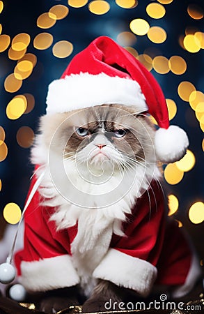 Grumpy cat wearing Santa Claus costume on Christmas glittering lights Stock Photo