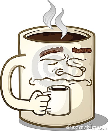 Grumpy Coffee Mug Cartoon Character Holding A Smaller Mug Vector Illustration