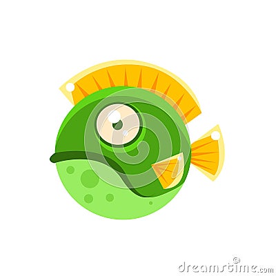 Grumpy Green Round Spotted Fantastic Aquarium Tropical Fish Cartoon Character Vector Illustration