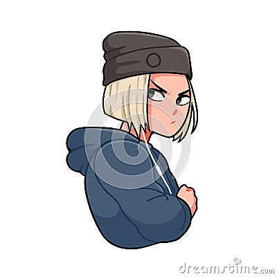 Grumpy modern anime girl with earphones vector illustration in cartoon style. Portrait of sad hipster manga teenager Vector Illustration