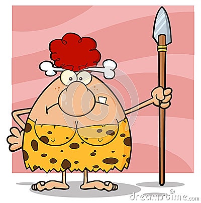 Grumpy Red Hair Cave Woman Cartoon Mascot Character Standing With A Spear. Vector Illustration