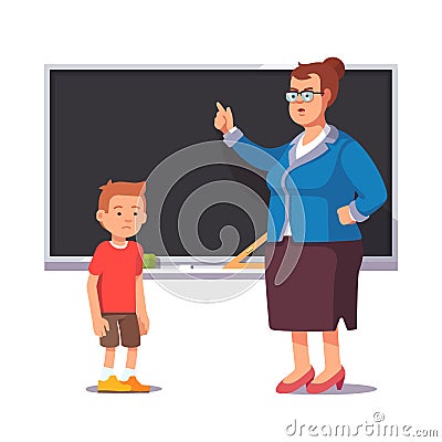 Grumpy school teacher and sad, bad pupil boy Vector Illustration